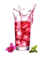 hibiscus iced tea splashing in a glass isolated on a transparent background