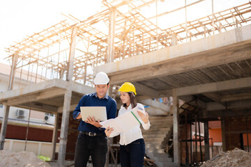 Two asian male and female engineers working together on a tablet and holding blueprints. In construction design about architecture For future industries, wear vests and helmets.