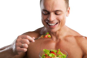 Sticker - A young man muscular holds salad, diet healthy concept