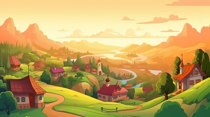 Wall Mural - Background village on a hill. A hilltop village depicted in an artistic illustration with a carefully crafted banner on a picturesque background. Generative AI.