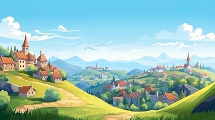 Wall Mural - Background village on a hill. Showcasing the village on the hill through a masterful design that combines a captivating banner with a picturesque background. Generative AI.