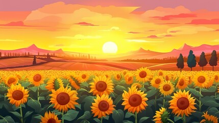 Wall Mural - Abstract background field of sunflowers. Demonstration of a banner design that combines the charm of a field of sunflowers and the surrounding nature. Generative AI.