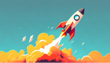 Rocket Start Up - The Rocketship Blasts Off Into The Blue Sky, A Symbol Of A Successful Startup - Ai Generated. Generative AI