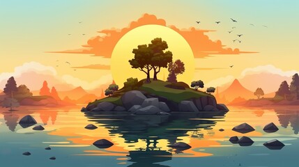 Wall Mural - background island in the middle of the lake. illustration of a banner design inspired by the tranqui