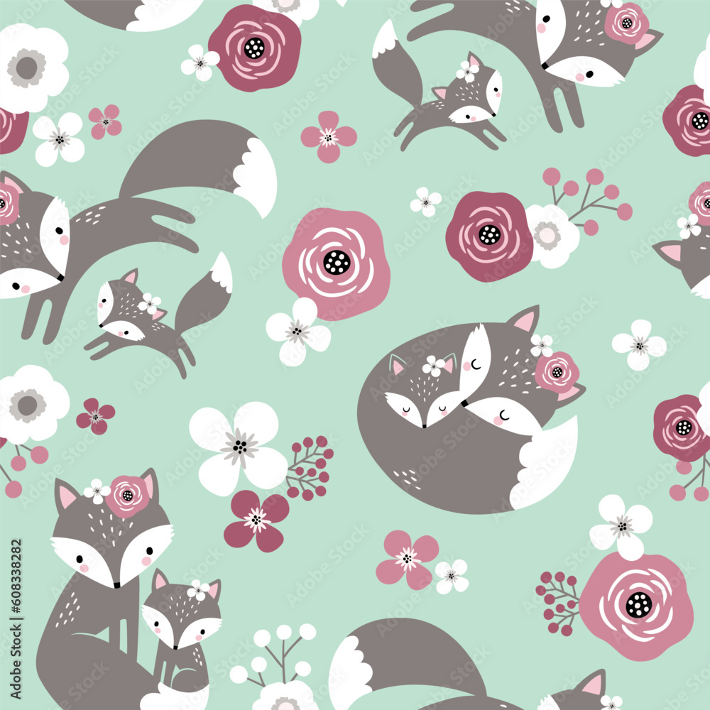 Seamless vector pattern with cute hand drawn fox family and flowers ...
