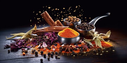 Wall Mural - AI Generated. AI Generative. Set of different indian spices for meny food tasty. Graphic Art