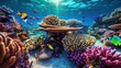  an underwater scene with many different types of corals and fish.  generative ai