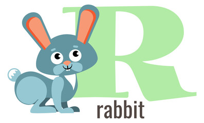 Sticker - R letter card. Cartoon rabbit alphabet word