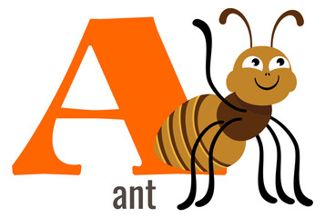 Sticker - A letter card. Cartoon ant on alphabet symbol