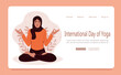© Nadiia - Elderly woman with closed eyes meditating in yoga lotus posture. International Day of Yoga. Web page template. Stress Awareness Month. Mental Health Awareness Month.