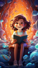 Wall Mural - Illustration of a smiling little girl reading a book, happy and dreamy - ai generative