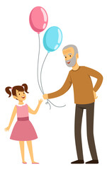 Canvas Print - Smiling grandfather giving balloons to little girl. Cartoon senior with granddaughter