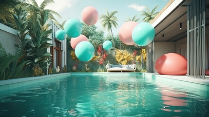 Wall Mural - Swimming pool in tropical garden pool villa feature floating balloon. Generative Ai