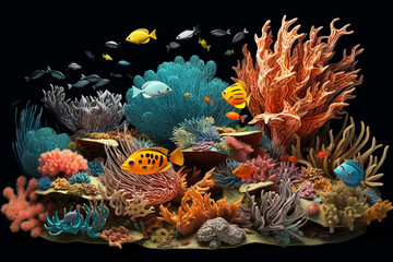 Leinwandbilder - A detailed paper-cut representation of a coral reef, with intricately cut corals, fishes, and sea turtles.  Generative AI technology.