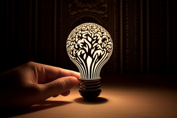 Aufkleber - A stunning paper-cut representation of a lightbulb illuminating a dark room, with delicate cutouts depicting rays of light dispersing and casting shadows.  Generative AI technology.