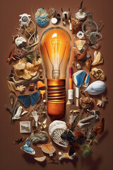 Aufkleber - A stunning paper-cut collage of various objects and symbols emerging from a lightbulb. Generative AI technology.