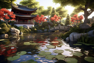 Aufkleber - a tranquil Japanese garden, with meticulously crafted bonsai trees, stone pathways, and a serene koi pond, capturing the essence of peace and harmony.  Generative AI technology.