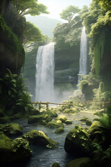 Poster - A tranquil image of a misty waterfall surrounded by lush green vegetation, creating an atmosphere of serenity and natural beauty.  Generative AI technology.