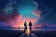 illustration, a couple in love riding a bicycle at night, ai generative