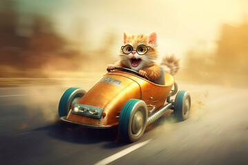  cute cat is driving a car generative AI
