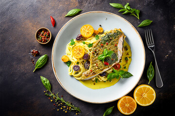 Poster - Grilled salmon steak on a stone plate. On an old background. Top view. Free copy space.