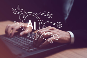 Wall Mural - businessman use laptop working of artificial intelligence (ai) in the futuristic business and coding