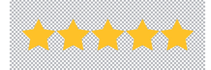 5 gold stars quality rating icon. Five yellow star product quality rating. Golden star vector icons. Stars in modern simple with shadow. Vector illustration.