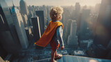 Rear view of young boy on top of skycraper dreaming of becoming a superhero. Generative AI.