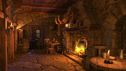 Poster - Tables by a fireplace in a dark atmospheric medieval tavern bar lit by candles. Animation.