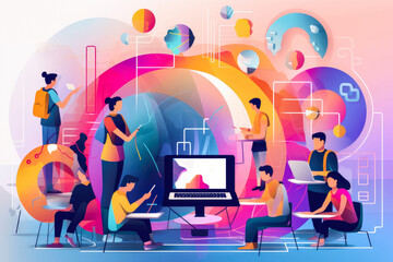 Wall Mural - Abstract vector illustration representing the workflow and benefits of edtech or e learning. Remote learning and online education concept artwork.