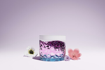 Wall Mural - Abstact 3d render glass and crystal pedestal background, Crack gemstone podium and colorful flowers for poduct display, cosmetic, mockup or etc