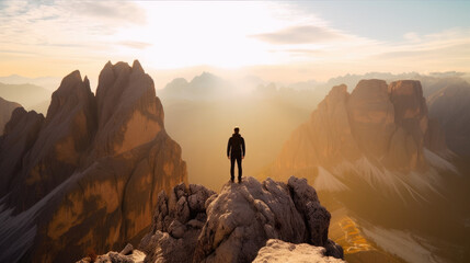 alpine majesty. a person standing on top of a mountain at sunrise with sun flare. captivating beauty