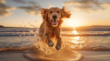 Golden Retriever Dog Running Towards Camera On Beach At Sunset - Generative AI
