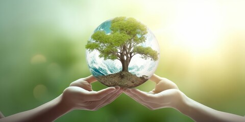 world environment and earth day, Two human hands holding big tree and earth globe over green and blue sky nature background. Elements of this image furnished by, Generative AI