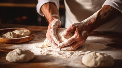 A person's hands kneading dough on a flour-dusted countertop while preparing homemade bread or pastry. AI generated