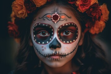 Canvas Print - A young girl with a sugar skull make up. Generative AI image.