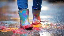A Pair Of Colorful Rain Boots Splashing Through Puddles On A Rainy Day. AI Generated