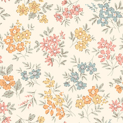 Wall Mural - Vintage seamless floral pattern. Ditsy style background of small flowers. Small blooming flowers scattered over a ivory background. Stock vector for printing on surfaces and web design.