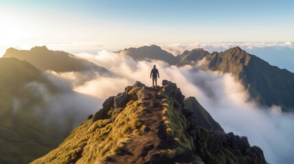 Wall Mural - Silhouette of a hiker on a mountain peak at sunrise dawn. Active life, travel, winter, trekking, and nature concept. AI Generative