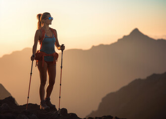 Mountain Explorer. Beautiful young woman wearing a backpack, shorts, and trekking poles looks to mountain sunset. Adventure Hiking and outdoor nature hot days exploration concept. AI generative