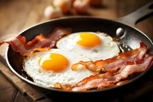 Bacon And Eggs In A Pan. Composition With Tasty Fried Eggs And Bacon On Wooden Table