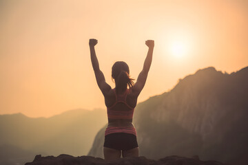 Strong motivated woman celebrating workout goals towards the sun