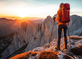 Wall Mural - Silhouette of a woman with trekking poles looking on a mountain at sunset. Adventure, Hiking and awe-inspiring landscapes concept. AI Generative