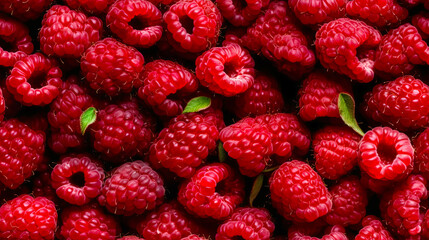 Raspberries food background and seamless pattern. Template for fabrics, textiles, paper, wallpaper, interior decoration. Generative AI illustration