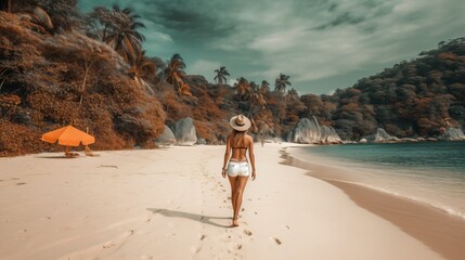 Female travel influencer at the beach. Generative AI