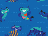 Fototapeta  - Cute cartoon hammerhead sharks. Blue vector underwater seamless pattern. Vector illustration