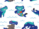 Fototapeta  - Seamless pattern with cute cartoon hammerhead sharks. Vector illustration
