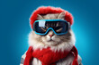 gray cat in ski goggles and a winter jacket. on a blue background. winter holiday concept generated by AI. Generative AI
