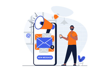 Leinwandbilder - Designer studio web concept with character scene. Man creating and releasing product, making email promotion. People situation in flat design. Illustration for social media marketing material.