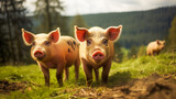 Fototapeta Zwierzęta - Pigs graze on farm in countryside.  Pig is feeding on the green meadow. AI Generated